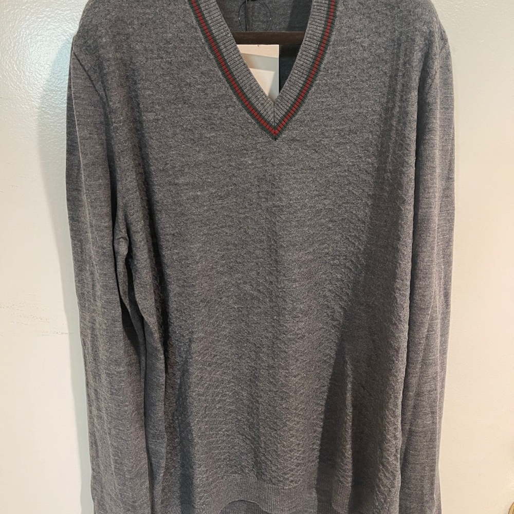 Gucci Gray V-Neck Sweater with Red Trim